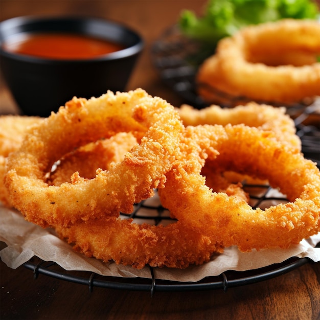 Foto una foto de aros de cebolla fritos en un plato generada por ia