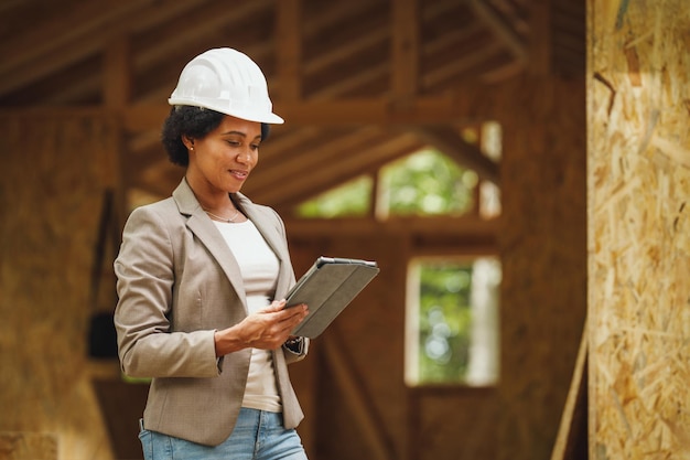 Foto de una arquitecta africana con casco blanco usando una tableta digital y revisando el sitio de construcción de una nueva casa de madera.