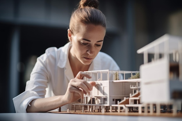 Foto de una arquitecta trabajando en un modelo a escala de su edificio en el exterior.