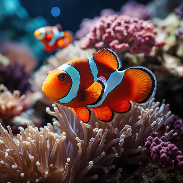 Foto de un arrecife de coral colorido y vibrante con peces payaso IA generativa