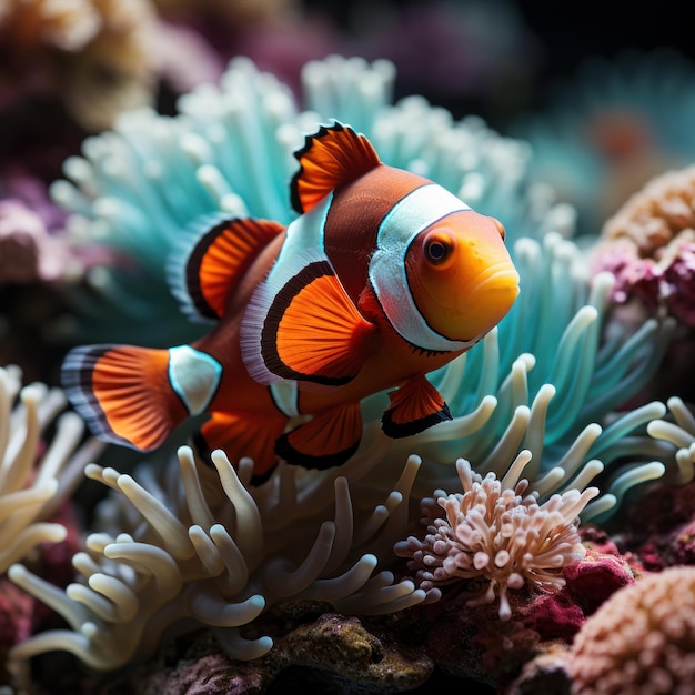 Foto de un arrecife de coral colorido y vibrante con peces payaso IA generativa