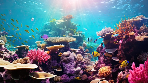 una foto de un arrecife de coral magenta rebosante de vida marina