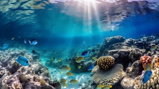 Una foto de un arrecife de coral con peces y rayos de sol.