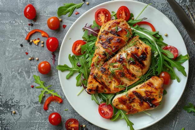 Foto de arriba hacia abajo de un filete de pollo a la parrilla servido con una ensalada fresca y tomates cereza en un pl blanco