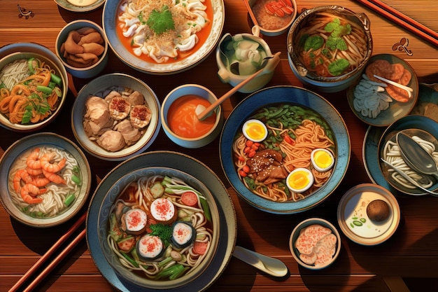 Una foto desde arriba de la diversa cocina japonesa IA generativa