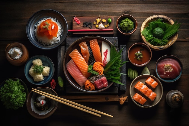 Una foto desde arriba de la diversa cocina japonesa IA generativa