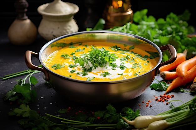 Foto de arriba de un plato de sopa de zanahoria con queso crema acompañado de cebolla y especias Plato saludable Imagen creada con IA