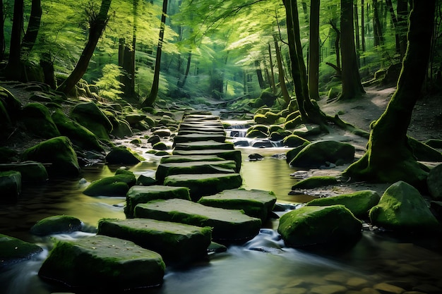 Foto de un arroyo de bosque con escalones de bosque