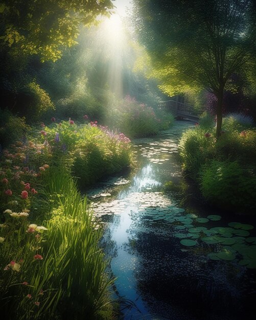 Una foto de un arroyo con el sol brillando a través de los árboles.