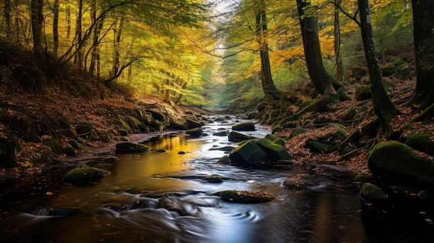 Una foto de un arroyo tranquilo en un vibrante bosque otoñal con una suave luz nocturna