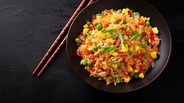 Foto foto de arroz frito con plato de pollo.