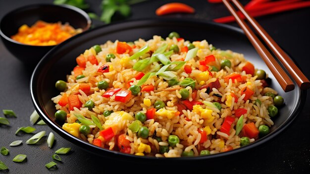 Foto de arroz frito con plato de pollo.