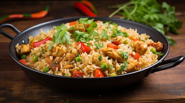 Foto de arroz frito con plato de pollo.