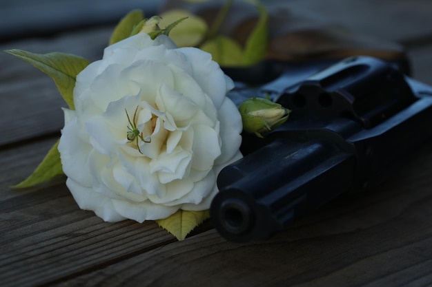 foto de arte bodegón vintage con pistola y rosa sobre fondo de madera