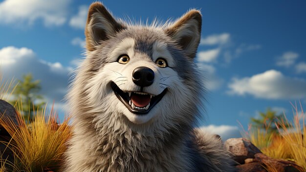 Una foto de arte de estilo Disney de un lobo de dibujos animados en 3D sonriendo