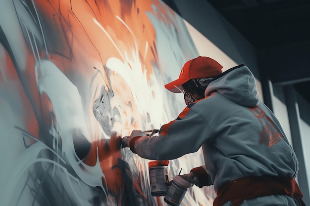 Foto de un artista afroamericano pintando un mural