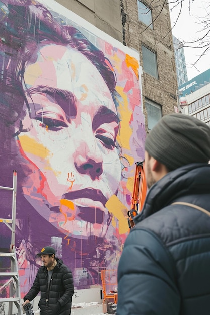 una foto de un artista callejero creando un mural dedicado al Día de la Mujer