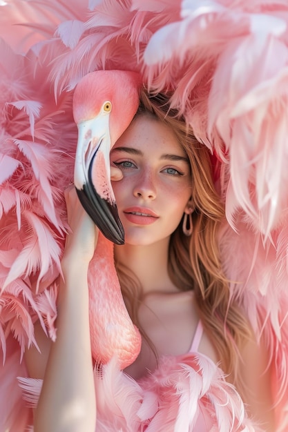 Foto artística de una joven hermosa con un flamenco rosado