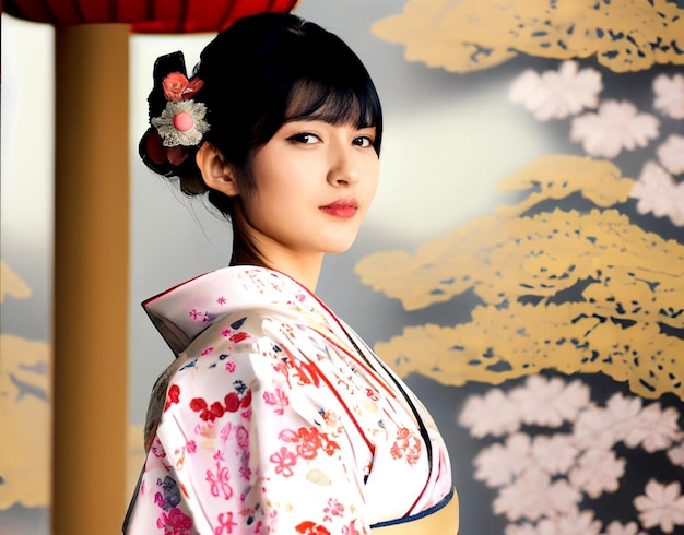 Foto asiatische Frau trägt japanischen traditionellen Kimono