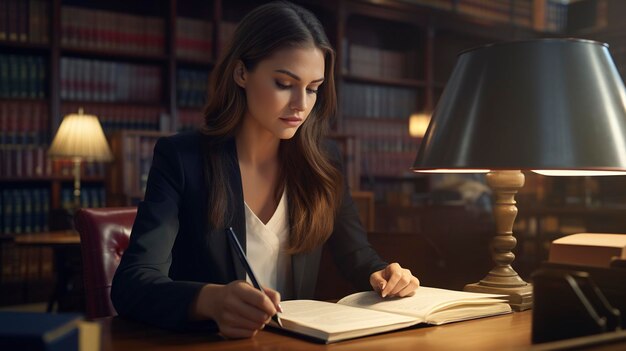 Foto una foto de un asistente legal investigando en una biblioteca de leyes