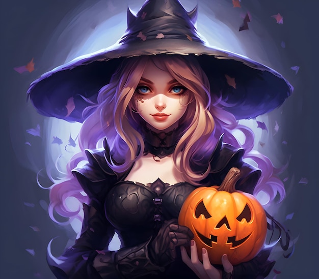Foto assustadora ilustração de menina bruxa 3D para o dia de Halloween com rosto maligno gerador de abóbora