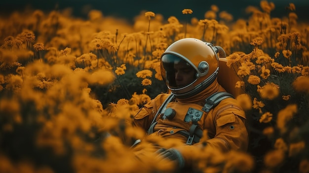 Foto de un astronauta acostado en un prado de flores amarillas AI