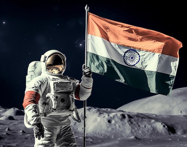 Foto del astronauta del día de la independencia de la India con la bandera de la India en la luna