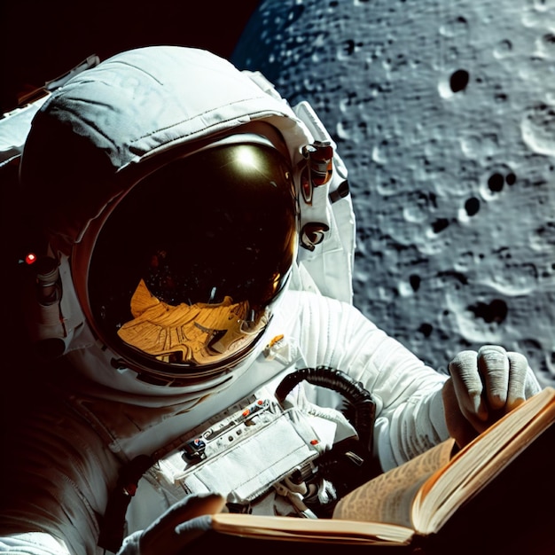 Foto de un astronauta leyendo un libro en la luna.