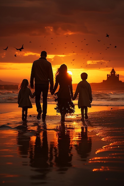 foto del atardecer en la playa y los amantes tomados de la mano