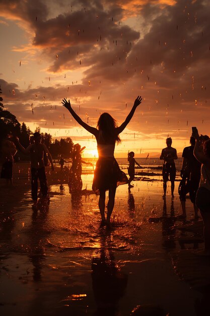 foto del atardecer en la playa y los amantes tomados de la mano