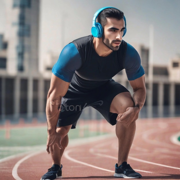 Foto foto de un atleta árabe musculoso con auriculares inalámbricos