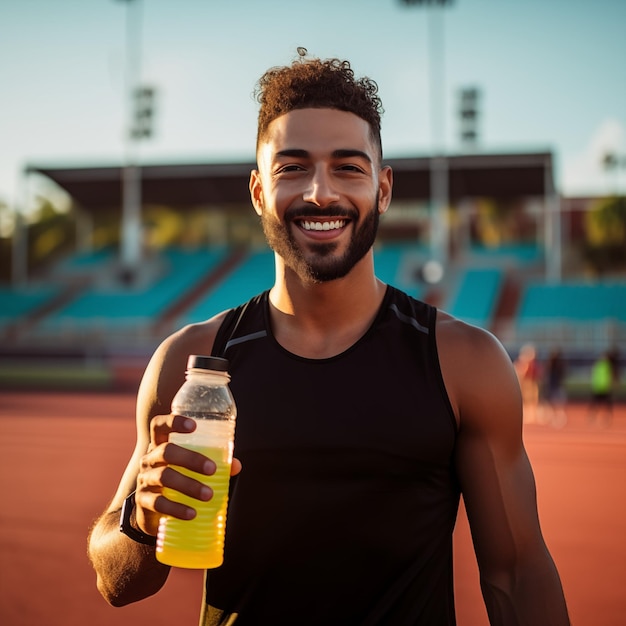 Foto una foto de un atleta latino en una pista con una ia generativa de drink sportsman