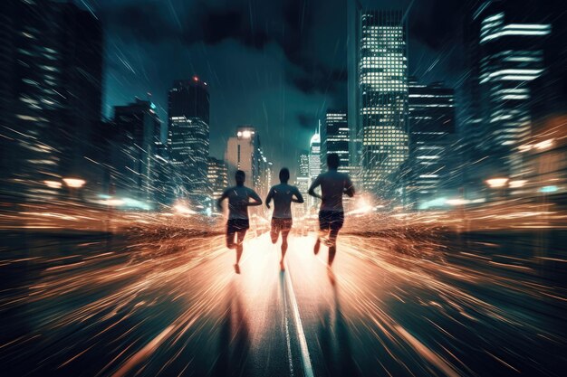 Foto de un atleta trotando frente a luces bokeh por la noche en la ciudad IA generativa