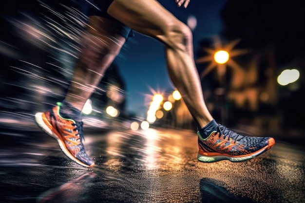 Foto de un atleta trotando frente a luces bokeh por la noche en la ciudad IA generativa