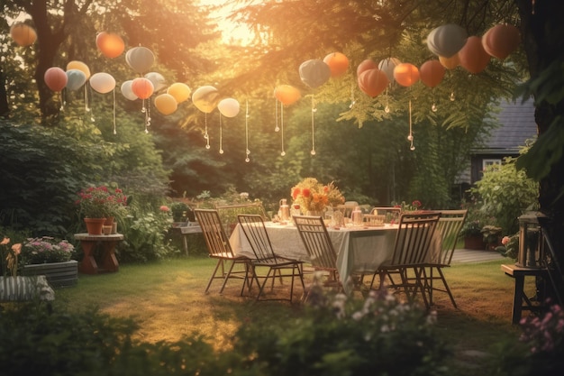 Foto atmosférica de uma festa de aniversário no jardim ao pôr do sol Generative AI