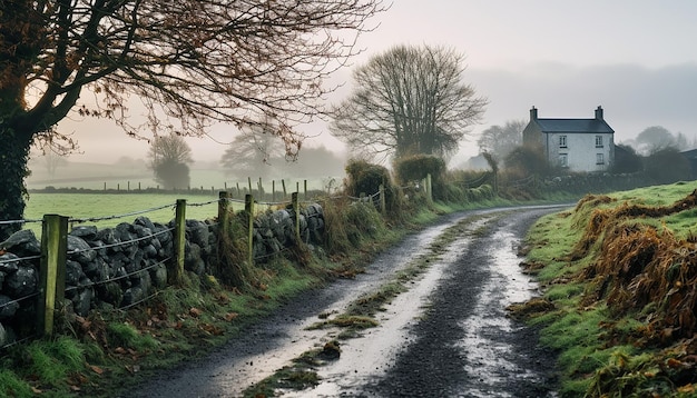 Una foto atmosférica de una mañana brumosa en un campo irlandés