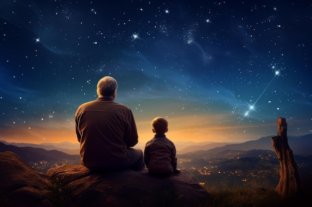 Foto desde atrás de un abuelo y un niño mirando las estrellas por la noche