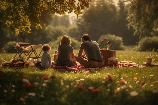 Foto desde atrás de una familia disfrutando de un picnic en un parque