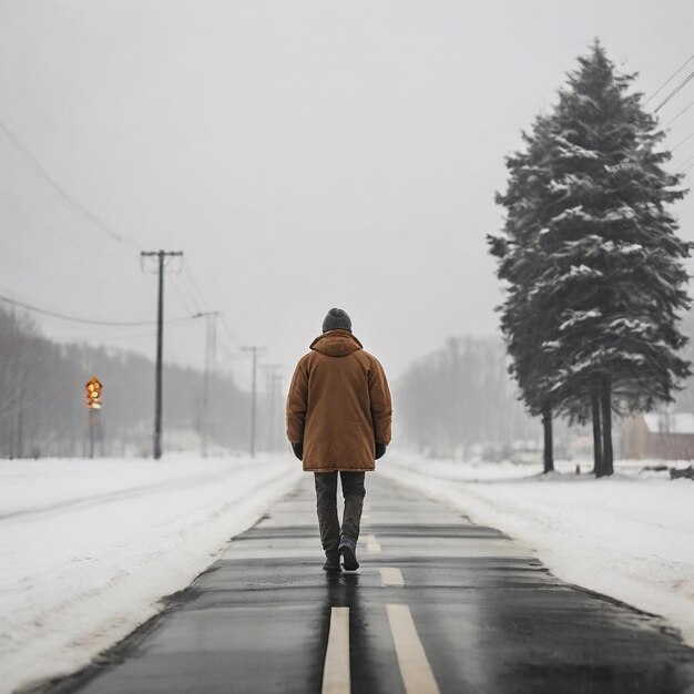 Foto de atrás de un hombre cruzando la carretera durante el invierno