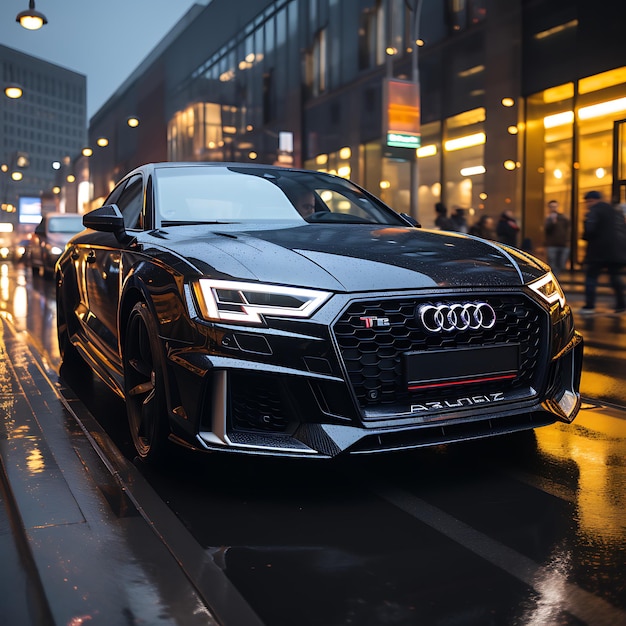 foto de un Audi sline negro conduciendo bajo la lluvia por la noche