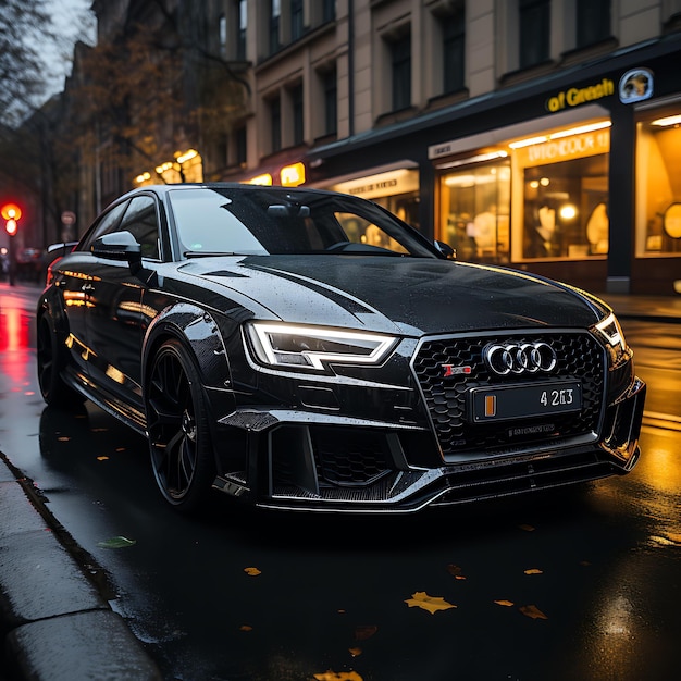 foto de un Audi sline negro conduciendo bajo la lluvia por la noche