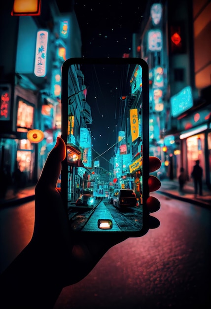 Foto auf der Straße mit Handy-Bokeh-Nachtlichthintergrund Generative KI