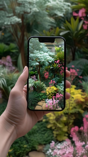 Foto auf Smartphone-Konzept Hand hält Smartphone mit verschwommenem Garten-Hintergrund