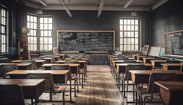 Foto de un aula escolar con tablero.