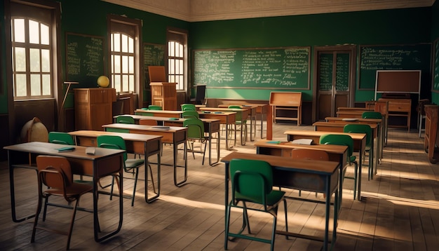 Foto de un aula escolar con tablero.