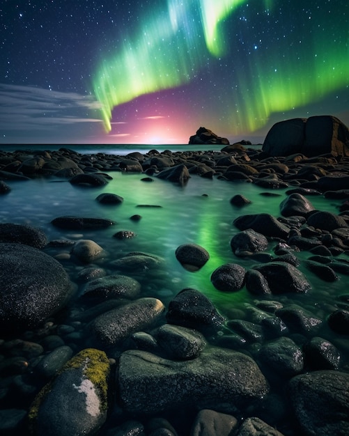 Una foto de la aurora boreal sobre una playa rocosa.