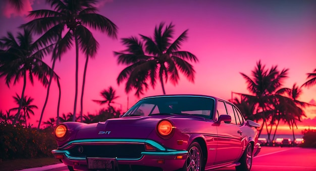 foto de un auto en miami en una hermosa puesta de sol generada por ai