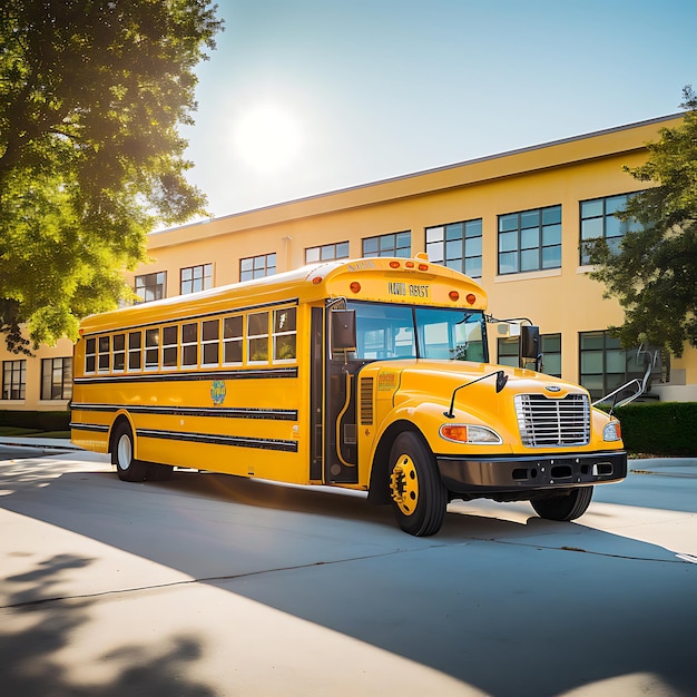 una foto de un autobús escolar amarillo frente a una escuela