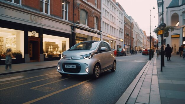 Una foto de un automóvil urbano compacto estacionado en una calle muy transitada