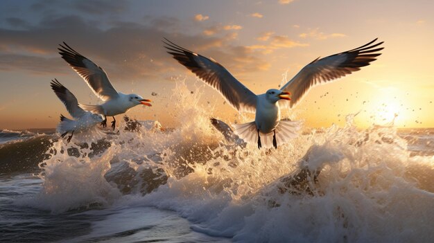 Foto de aves marinas salpicando en el agua